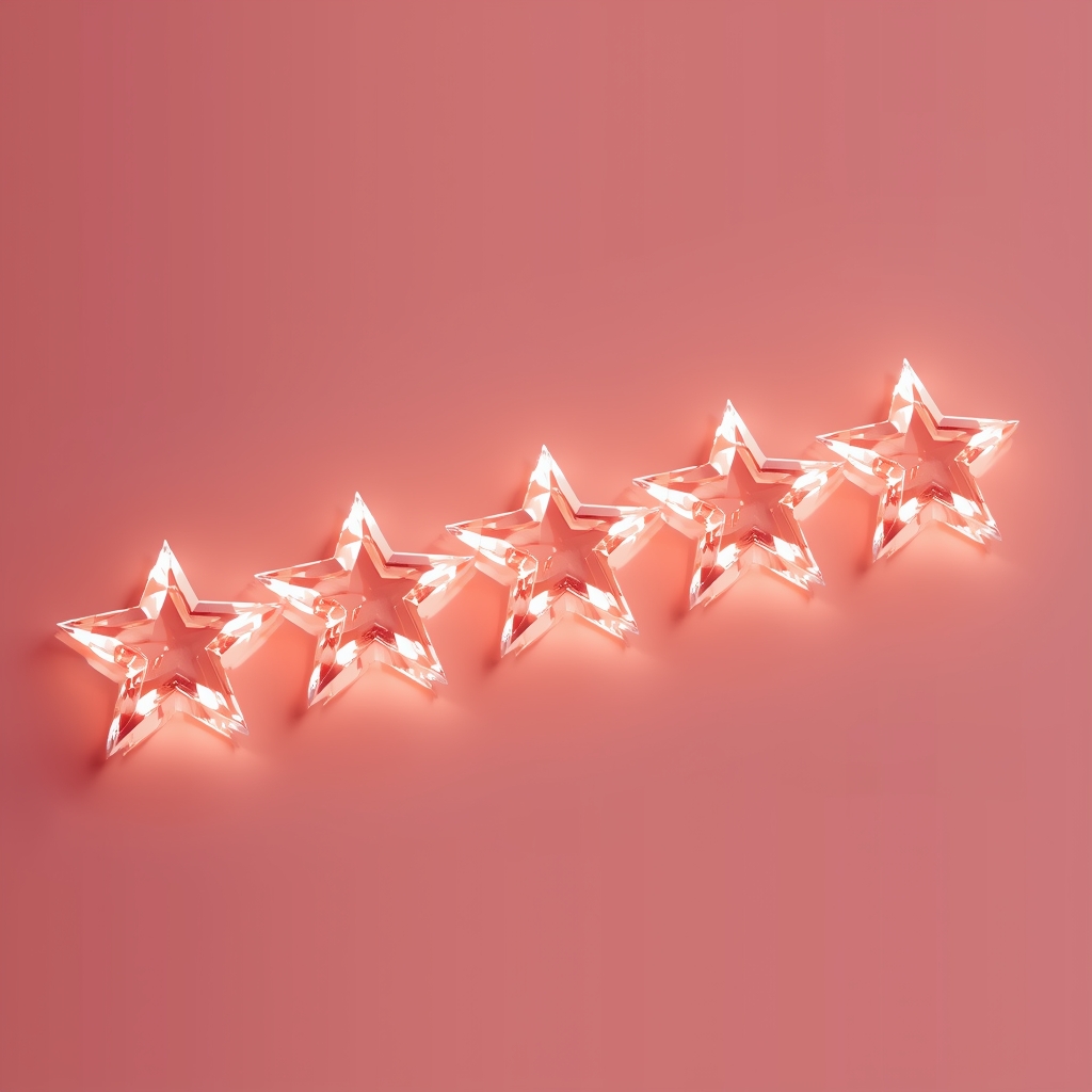 A futuristic geometric star rating system made of glowing glass floating on a pastel red background, hyper-realistic, no people. (no woman image)